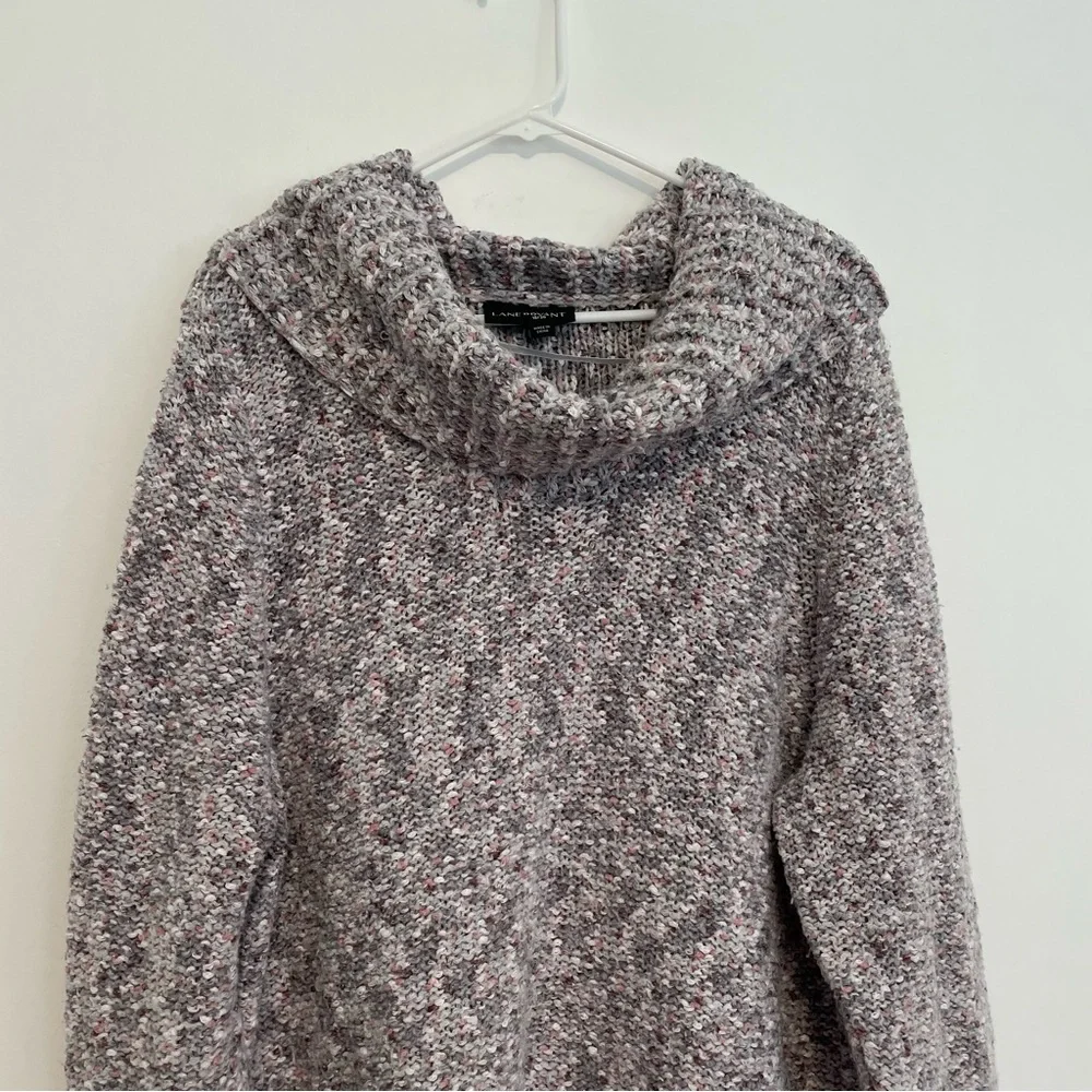 LANE BRYANT Plus Size Cowl Neck Sparkle Eyelash Sweater Gray Pink Chunky Knit 2X